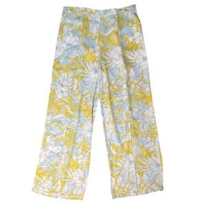 June & Hudson Yellow Floral Flowy Wide Leg Pants Front Slits Shorts Lined Sz M